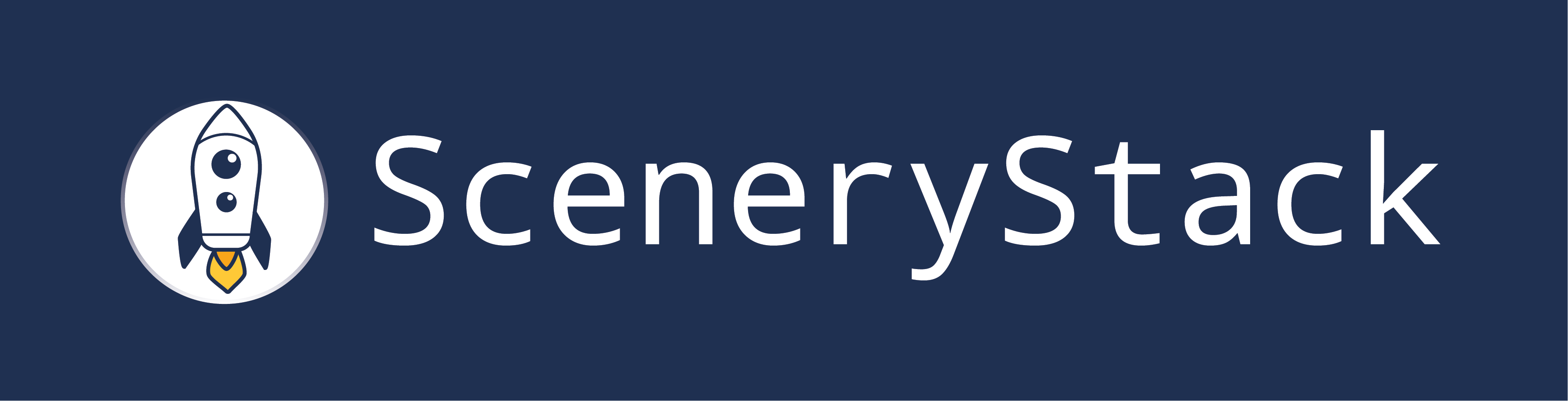 SceneryStack Logo against a navy blue background - Rocket ship in a fading circle followed by text "SceneryStack"